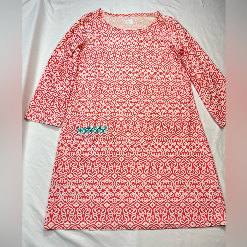 Cabana Life UPF 50+ Tunic Dress XL Red White Scroll Print‎ 3/4 Sleeve